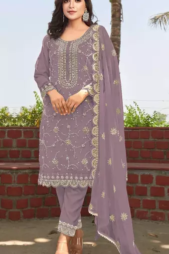 Purple heavy orgenza with full embroidery beads work semi stitched suit
