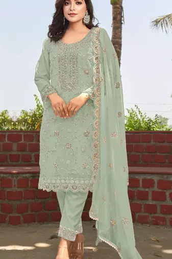 Green heavy orgenza with full embroidery beads work semi stitched suit