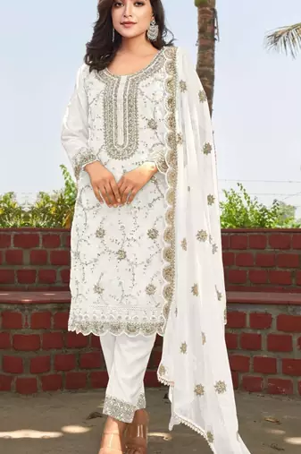 White heavy orgenza with full embroidery beads work semi stitched suit