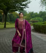 Dark Carnation Pink Designer Velvet Pakistani unstitched Suit Set_