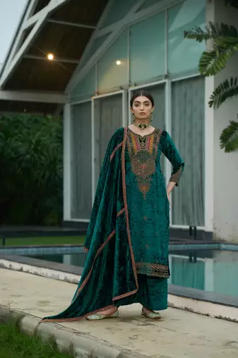 Teal Green Designer Velvet Pakistani unstitched Suit Set