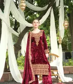 Maroon Designer Velvet Pakistani Unstitch Suit Set