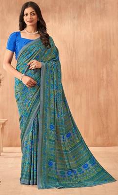 Blue Crepe Silk Floral Printed Saree With Unstitched Blouse 1