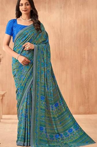 Blue Crepe Silk Floral Printed Saree With Unstitched Blouse