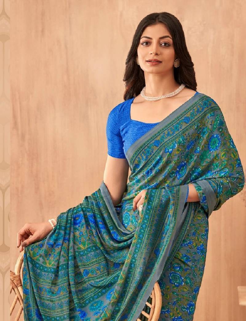 Blue Crepe Silk Floral Printed Saree With Unstitched Blouse