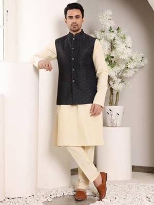 Cream silk embroidered nehru jacket 1