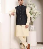 Cream silk embroidered nehru jacket
