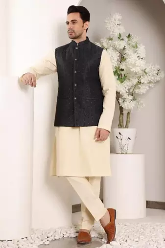 Cream silk embroidered nehru jacket