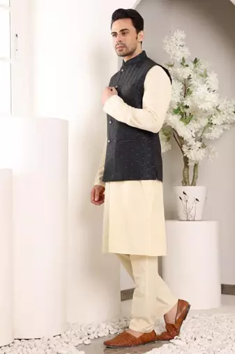 Cream silk embroidered nehru jacket