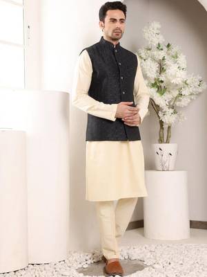 Cream silk embroidered nehru jacket 4