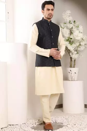 Cream silk embroidered nehru jacket