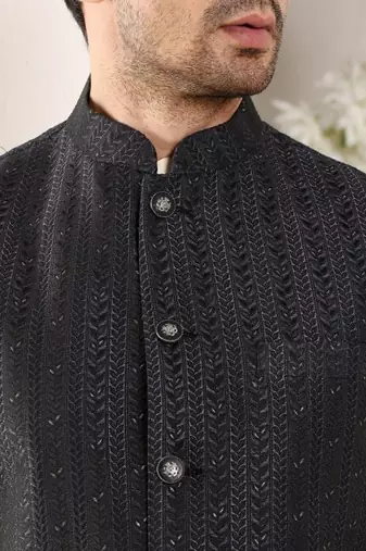 Cream silk embroidered nehru jacket