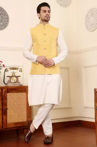 Ivory silk embroidered nehru jacket