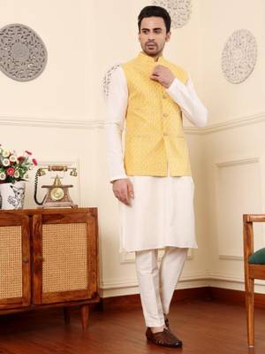 Ivory silk embroidered nehru jacket 3