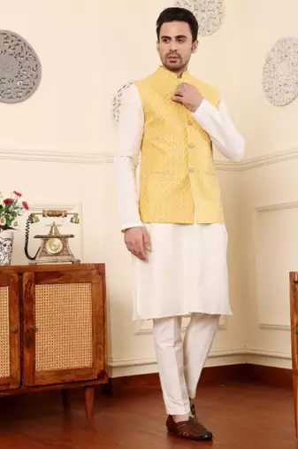 Ivory silk embroidered nehru jacket