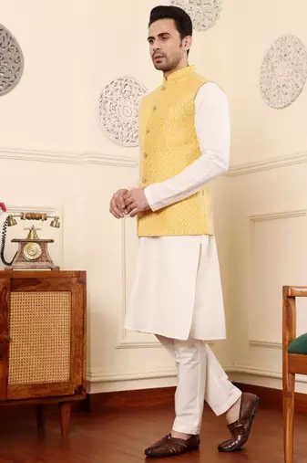 Ivory silk embroidered nehru jacket