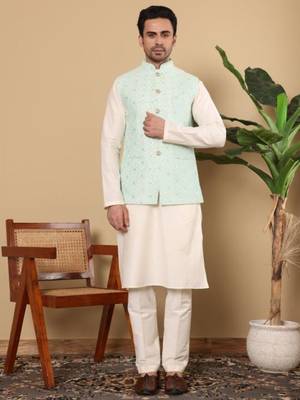 Ivory viscose embroidered nehru jacket 1