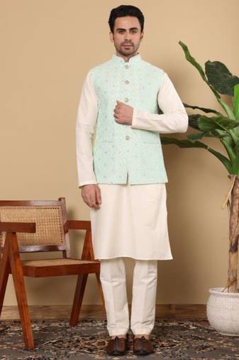 Ivory viscose embroidered nehru jacket