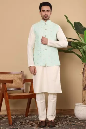 Ivory viscose embroidered nehru jacket