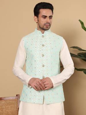 Ivory viscose embroidered nehru jacket 2