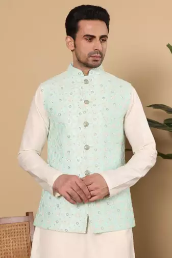 Ivory viscose embroidered nehru jacket