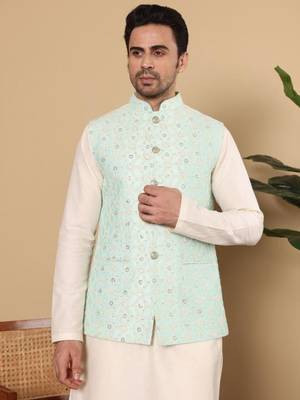 Ivory viscose embroidered nehru jacket 3