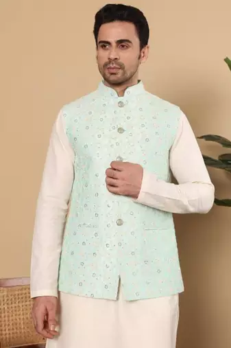 Ivory viscose embroidered nehru jacket