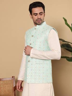 Ivory viscose embroidered nehru jacket 4