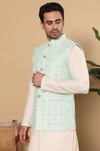 Ivory viscose embroidered nehru jacket