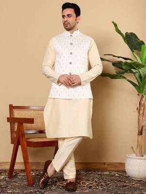 Cream viscose embroidered nehru jacket 1