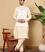 Cream viscose embroidered nehru jacket