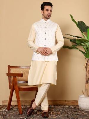 Cream viscose embroidered nehru jacket 2