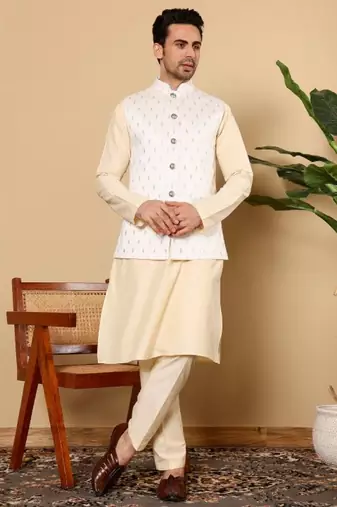 Cream viscose embroidered nehru jacket