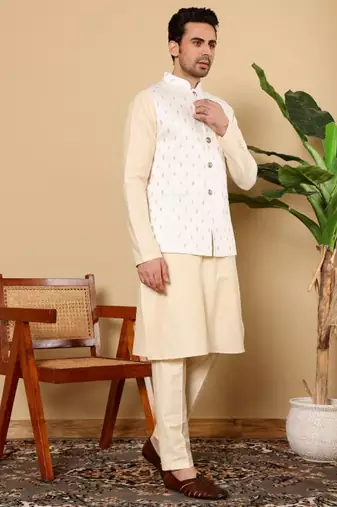 Cream viscose embroidered nehru jacket