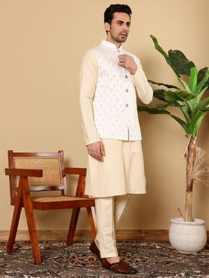Cream viscose embroidered nehru jacket 4