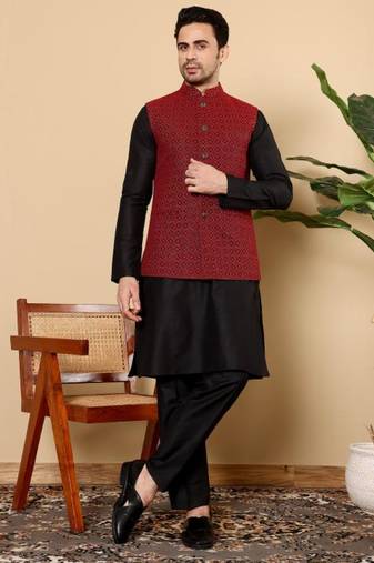 Black silk embroidered nehru jacket