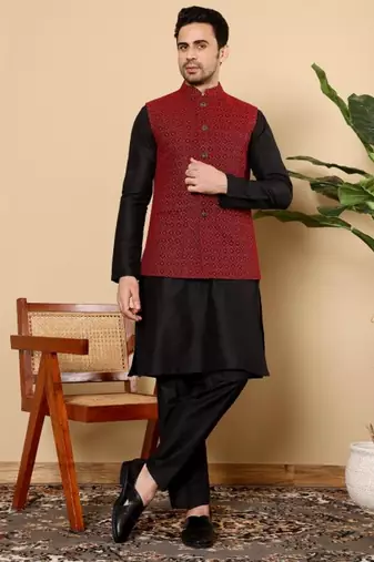 Black silk embroidered nehru jacket