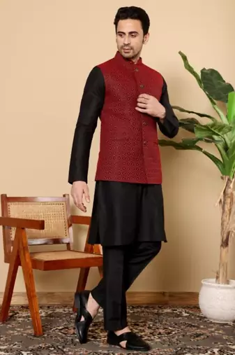 Black silk embroidered nehru jacket