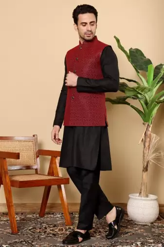 Black silk embroidered nehru jacket