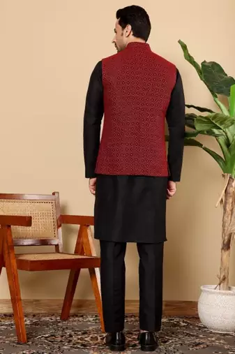 Black silk embroidered nehru jacket