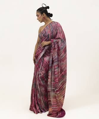 Pink silk stripes printed saree 1