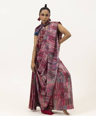Pink silk stripes printed saree 2