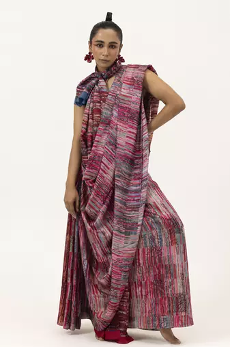 Pink silk stripes printed saree