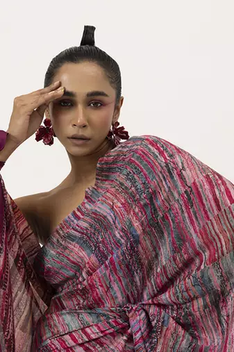 Pink silk stripes printed saree