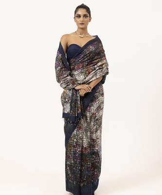   navy blue silk abstract printed saree 1