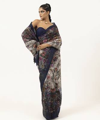   navy blue silk abstract printed saree 2