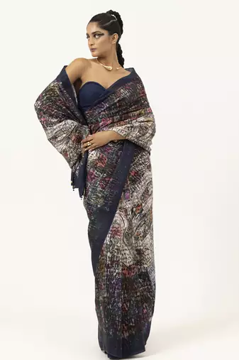   navy blue silk abstract printed saree