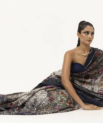   navy blue silk abstract printed saree 3