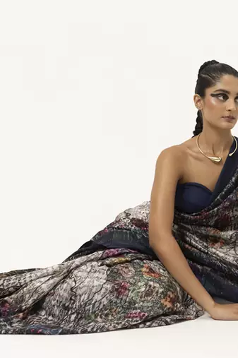   navy blue silk abstract printed saree