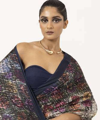   navy blue silk abstract printed saree 4